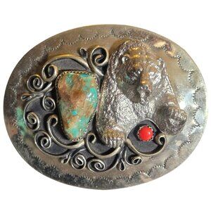 Vintage Bear Belt Buckle Turquoise Coral Silver Tone Western Wear Cowboy Rodeo